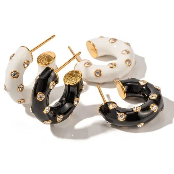 Black Enamel Diamond C Shape Hoop Huggie Earrings 18K Gold Plated - Picture 2 of 3